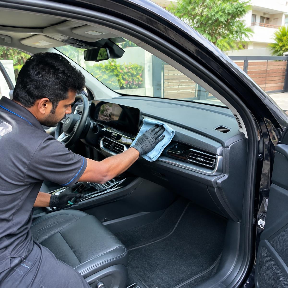 Car interior polishing on a Bangalore driveway