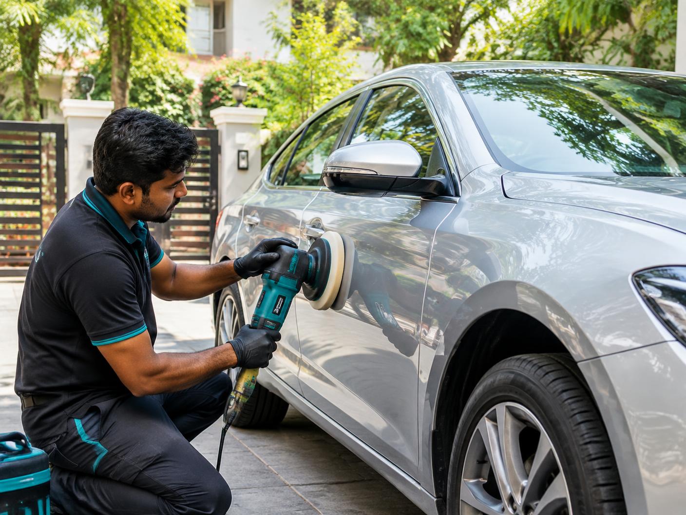 Professional machine rubbing at a customer's doorstep